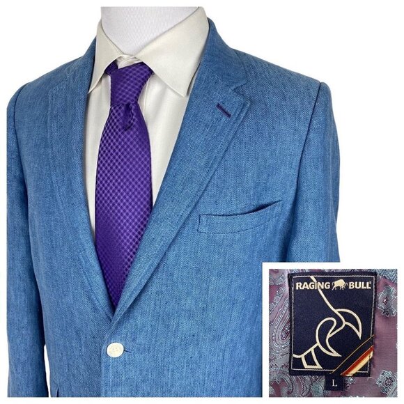 Raging Bull 100% Linen Sport Coat 42/Large Blue Blazer Jacket Unstructured - Picture 1 of 16